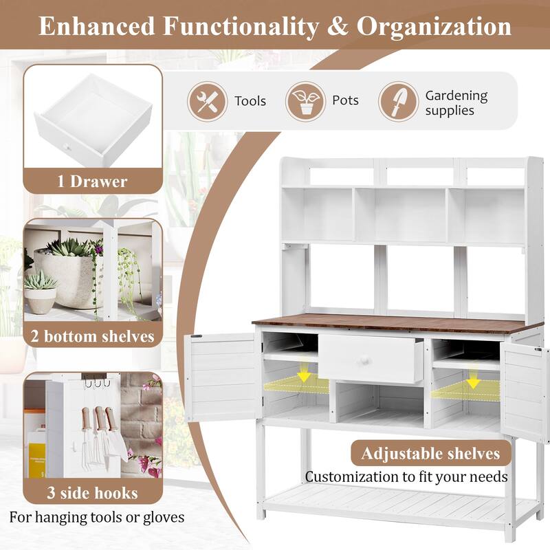 Outdoor Wood Potting Bench with Cabinets and Hutch, Garden Workstation Table with Adjustable Shelves and Hooks