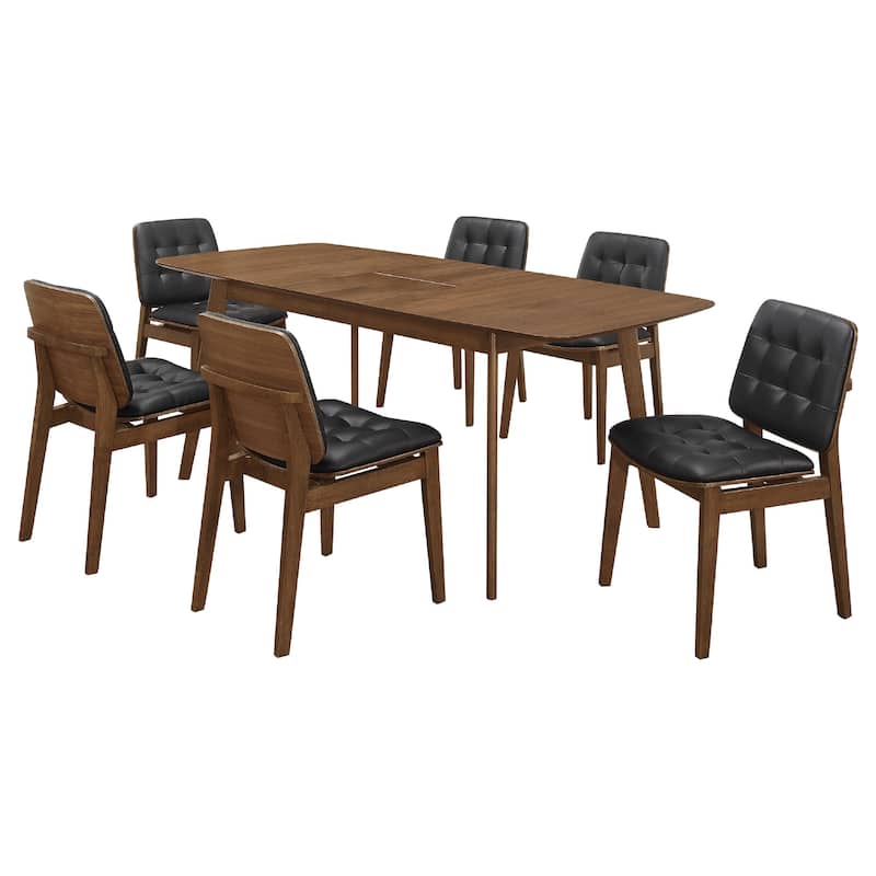 Bera 7pc Dining Set w Chairs, 59-75 Inch Extendable, Walnut Brown, Black Faux Leather