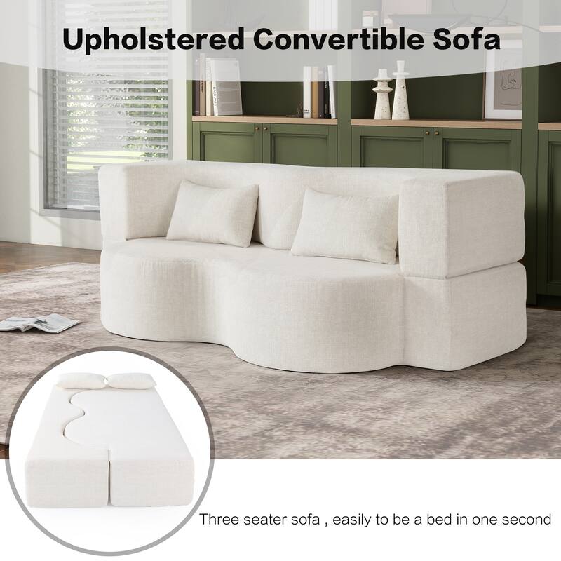 2-in-1 Foldable Sofa Bed, Convertible Sleeper Sofa Couch, Upholstered Cloud Couch Loveseat Recliner Sofa with 2 Pillows - Beige+Cream