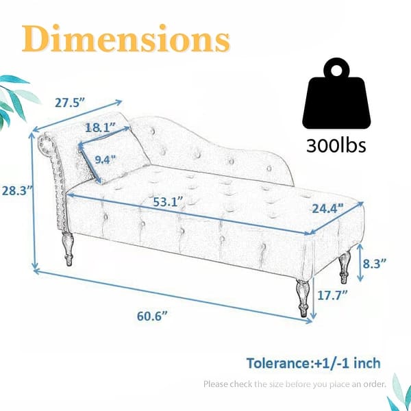 dimension image slide 0 of 5, 60"W Velvet Chaise Lounge, Tufted with Pillow & Nailhead Decorate - 60.6W" x 27.5D" x 28.3"H