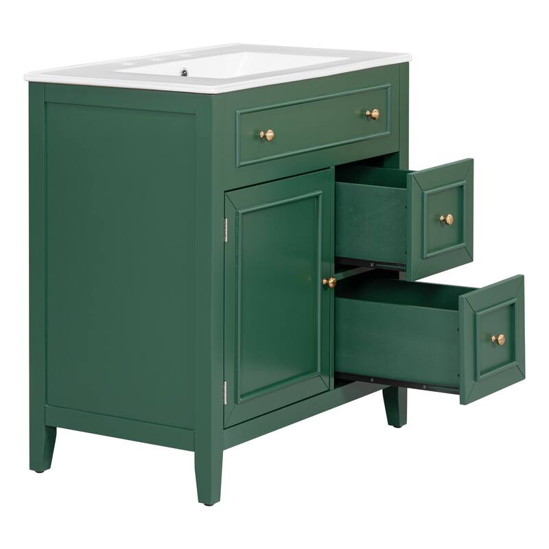 30'' Solid Wood Bathroom Vanity with Cabinet, 2 Drawers, and Ceramic Sink