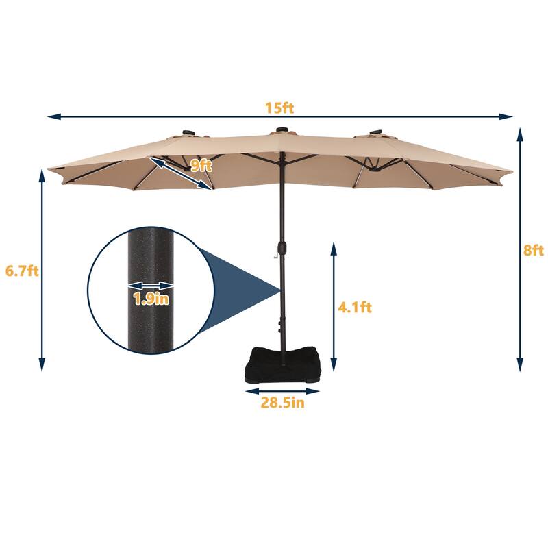 Clihome 15Ft Outdoor Solar Lights Rectangular Crank Market Umbrella, with Base