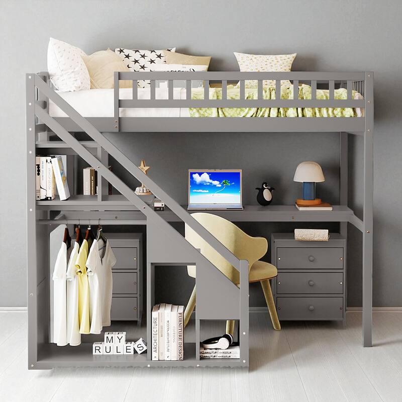 Twin/Full Loft Bed with Desk, 2 Storage Drawers, LED Light Strip, Side Stairs, Study & Space-Saving Design - Grey - Twin
