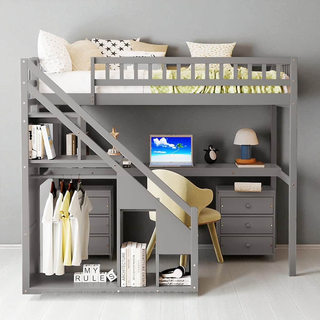Twin/Full Loft Bed with Desk, 2 Storage Drawers, LED Light Strip, Side Stairs, Study & Space-Saving Design