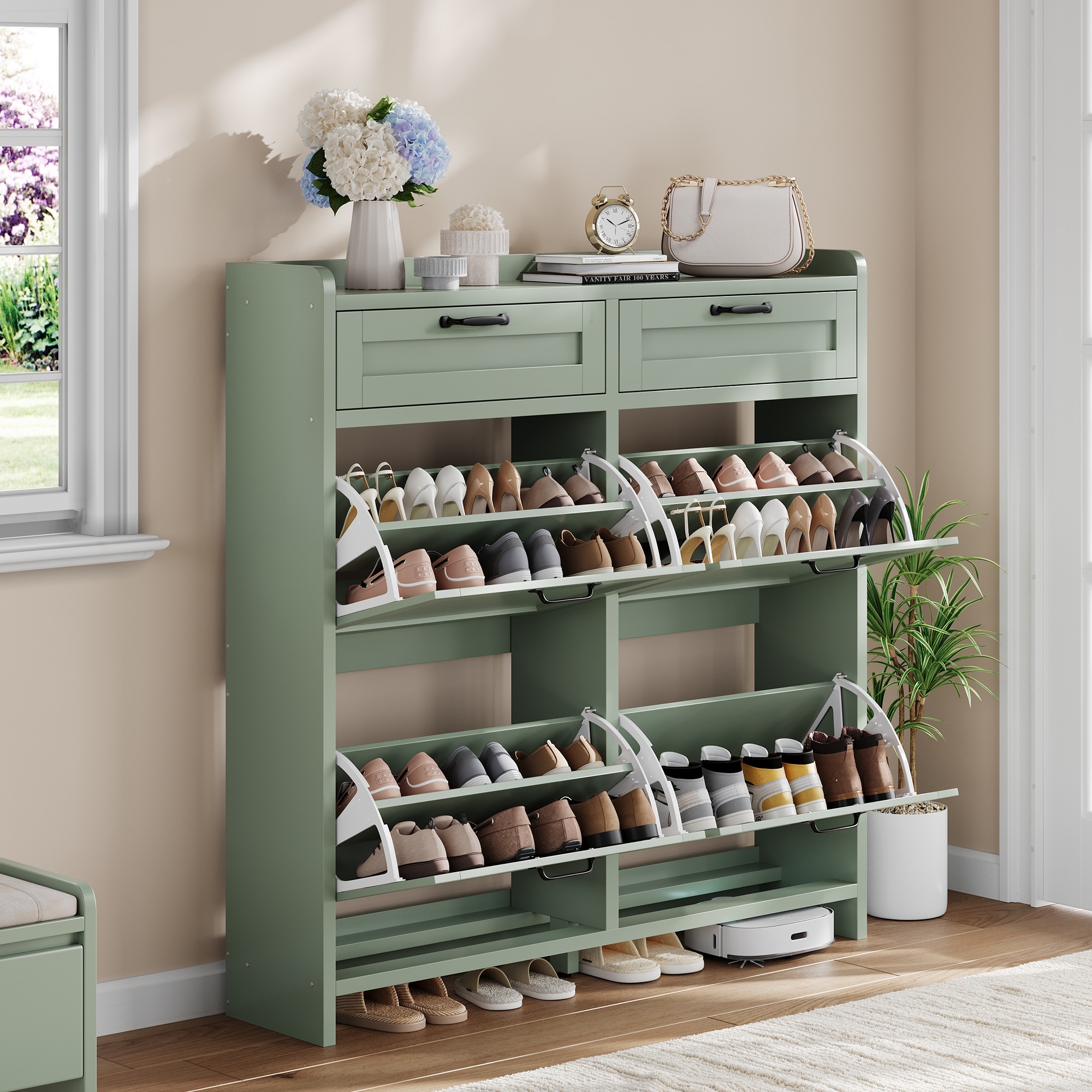 Shoe Cabinet with 4 Flip Drawers & 2 Top Drawers, Wooden Shoe Organizer Cabinet with Adjustable Shelf