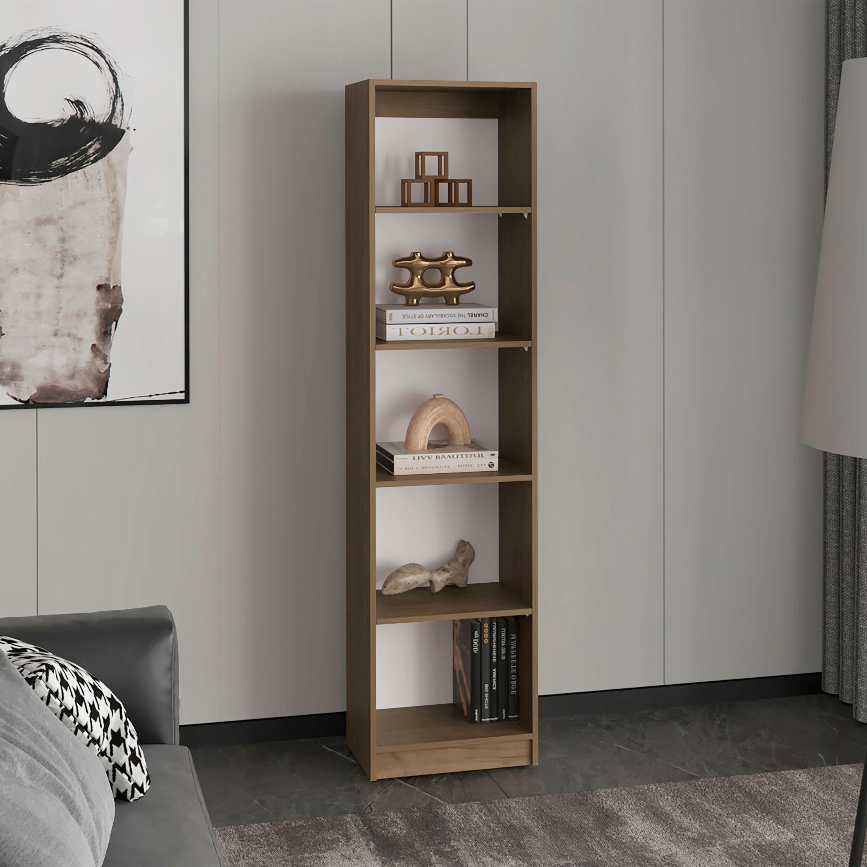 Slim Design Bookcase With 5-Tier Shelves,Vertical Freestanding Display Storage,Natural Oak