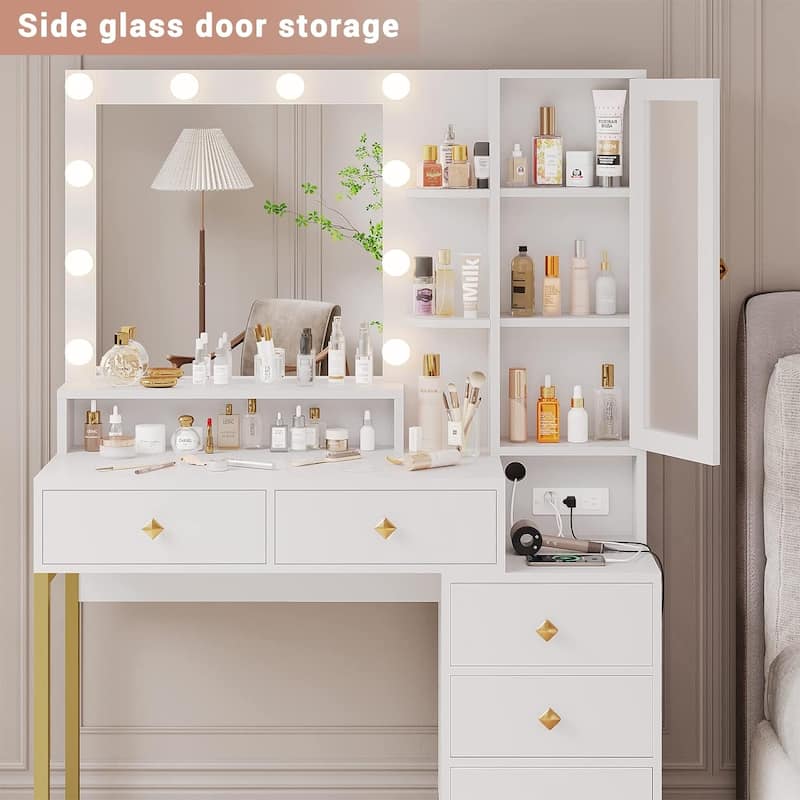 Vanity Desk with Mirror and Lights 5 Drawers and Storage Shelves