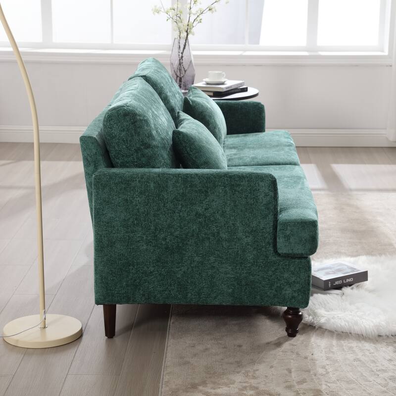 Green 68.9" Chenille 2 Seater Sofa with Detachable Cushions, Solid Wood Frame, and 2 Pillows