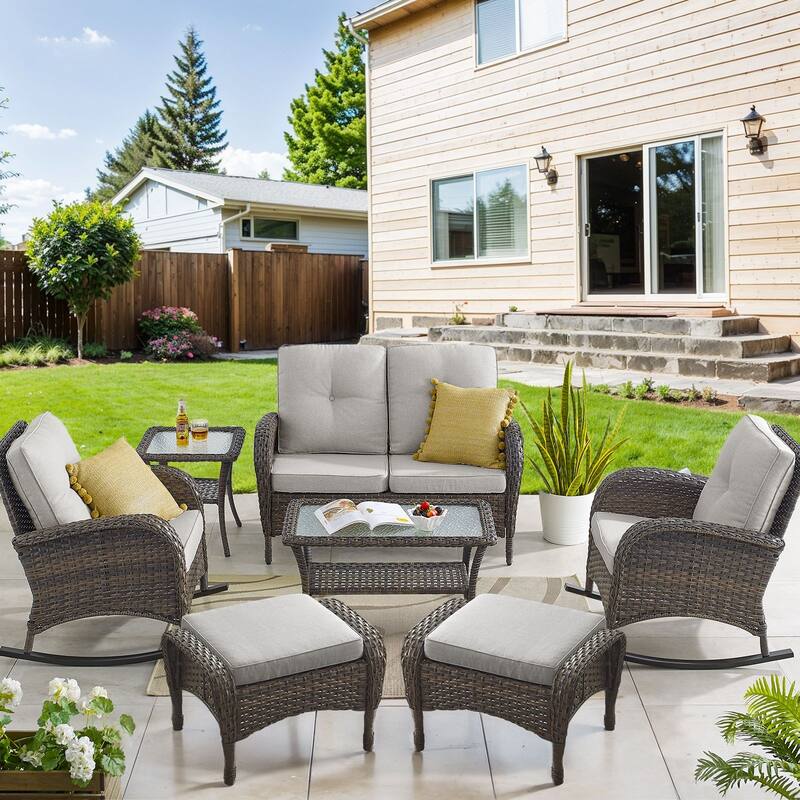 Outdoor Rocker Chair with Loveseat Ottomans - Beige - Brown - Brown - Beige