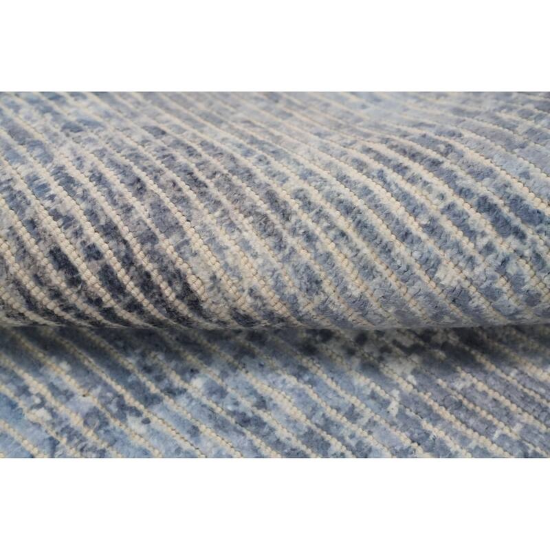 Hand Knotted Oriental Viscose Silk Carpet Modern All-Over Navy Blue & Blues Abstract Area Rug - 7' 8'' X 5' 6''