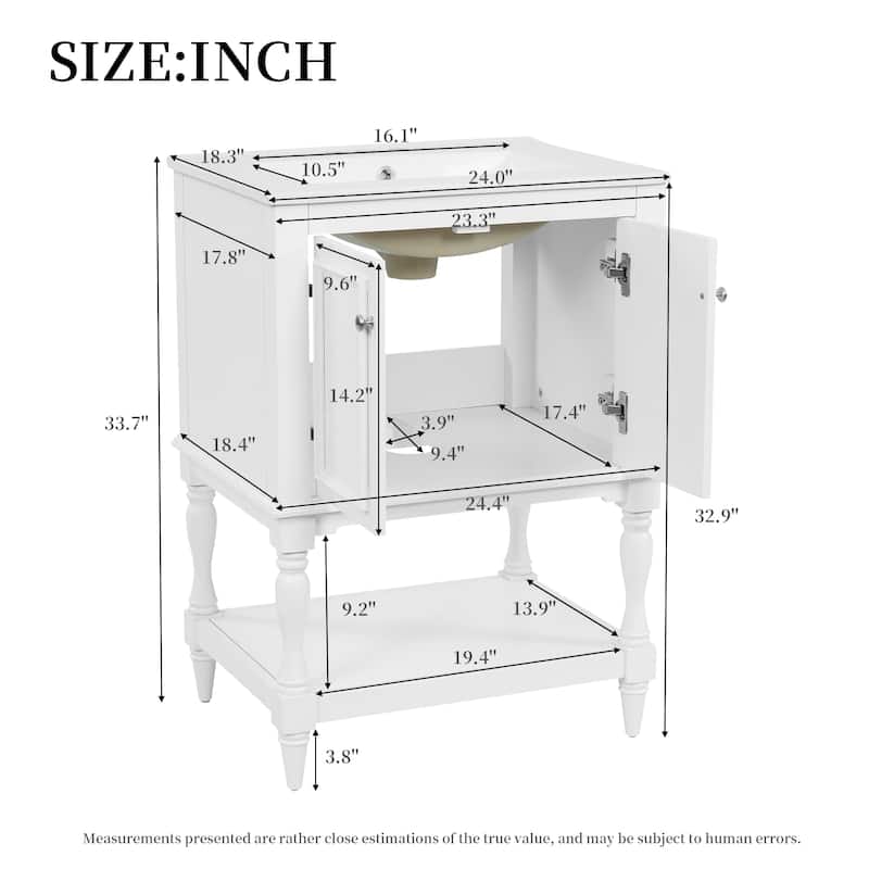 24 inch Modern Luxury Bathroom Vanity with Ceramic Sink, Bathroom Cabinet with Open Shelf and Closed Storage