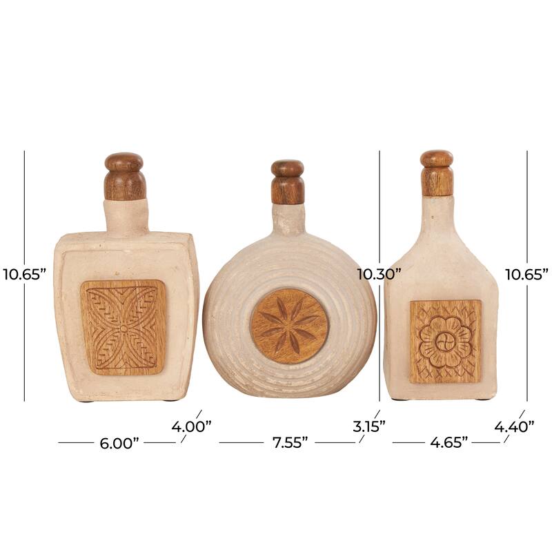 Paper Mache Floral Decorative Jars with Varying Shapes and Carved Wood Etchings - Set of 3 Brown - Roche River Decor