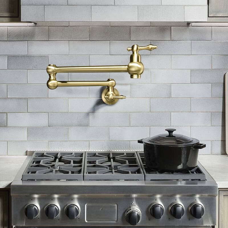 YASINU Traditional Double Handle Wall Mount Kitchen Pot Filler Faucet in Brushed Gold