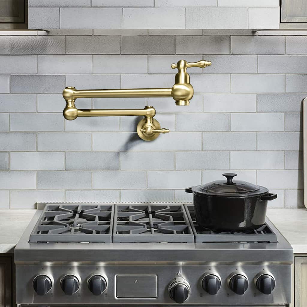 YASINU Traditional Double Handle Wall Mount Kitchen Pot Filler Faucet in Brushed Gold
