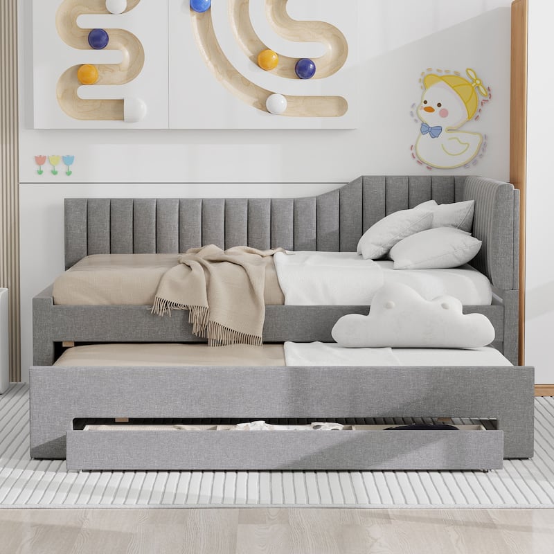 Full Size Upholstered Daybed with Trundle and Three Drawers, Gray - Grey
