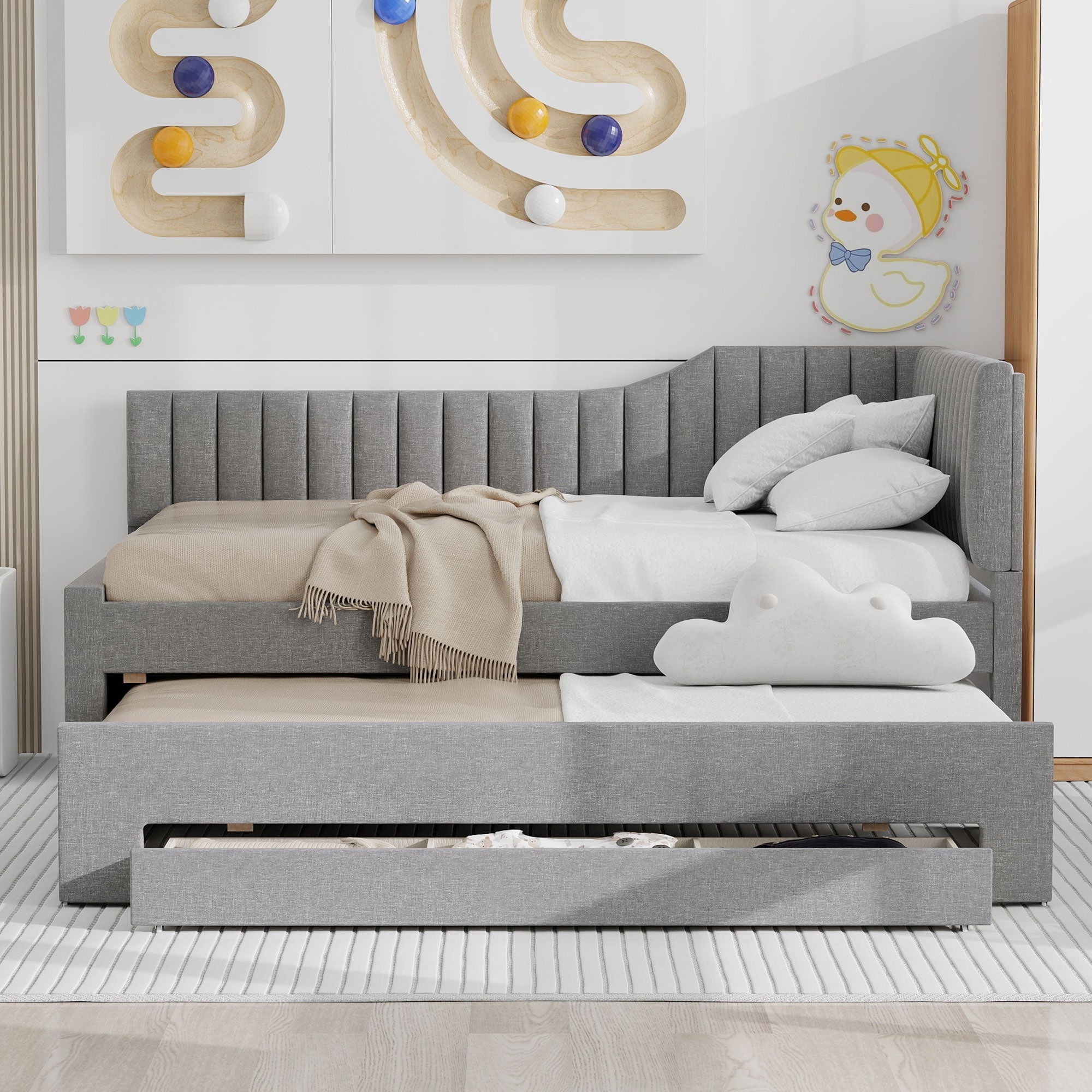 Full Size Upholstered Daybed with Trundle and Three Drawers, Gray