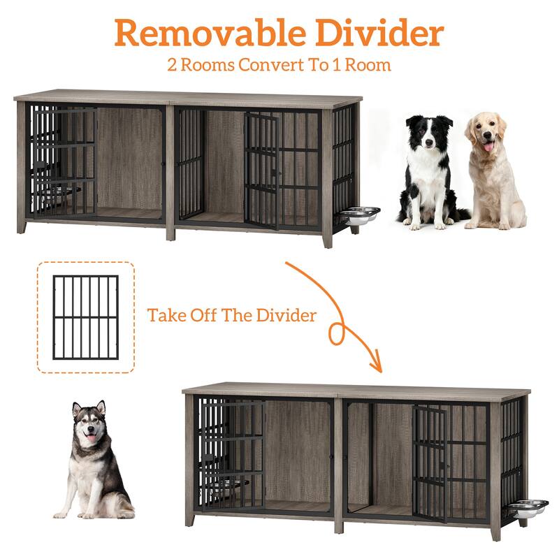 Large Dog Crate Furniture, 78"L Wooden Dog Crate Kennel with Removable Divider