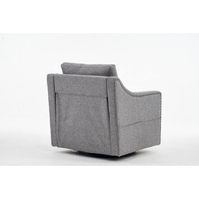 Linen Upholstered Swivel Accent Chair, Ergonomic Single Sofa Chair, Lounge Reading Chair with Nailhead Decor & Metal Base