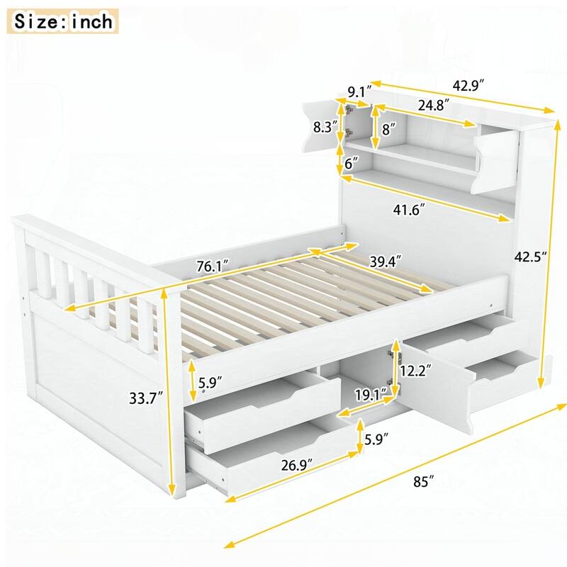 Captain Platform Bed Frame with Storage Bookcases and Shelves