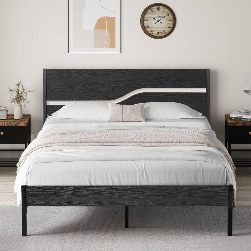 VECELO Beds Industrial Platform Bed Frame with Wood Headboard,Easy Set up