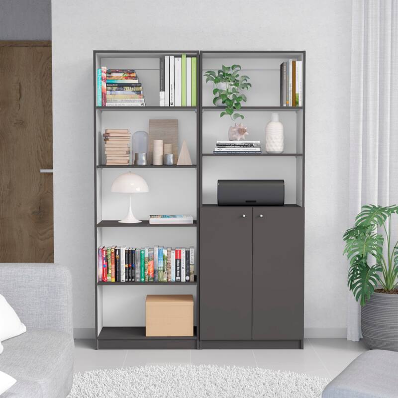 2 Piece Home Bookcase Set, 49" Wide with 8 Shelves and Double Door Cabinet, Living Room Set - Grey