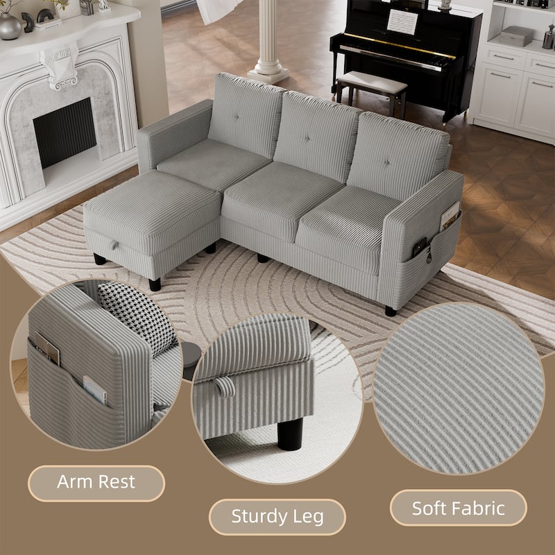 3-Seater Sectional Sofa with Movable Ottoman, Modern Living Room Couch