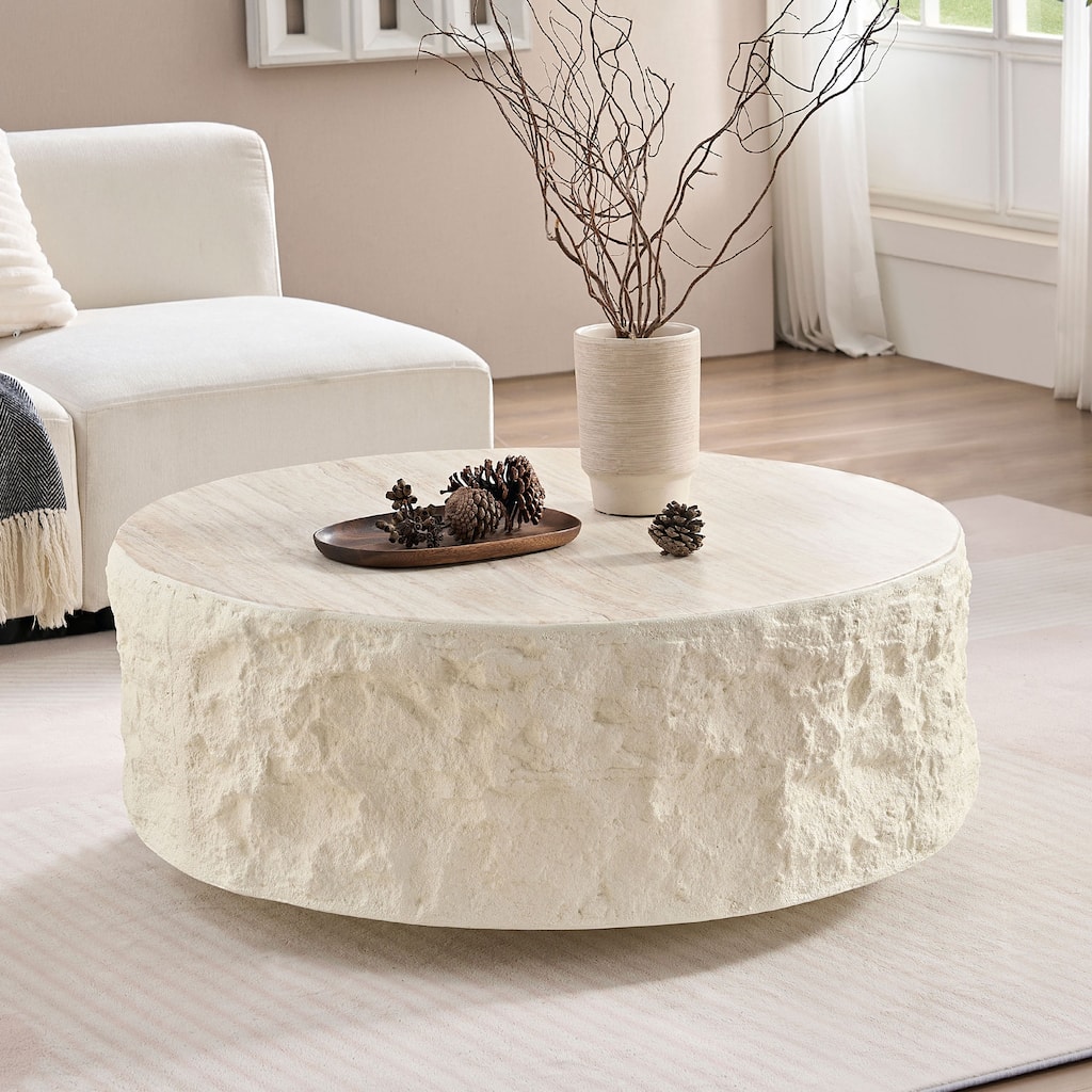 Fiberglass Round Center Table Sculptural Rock Surface Coffee Table, Scratch-resistant, Waterproof, No Assembly Needed