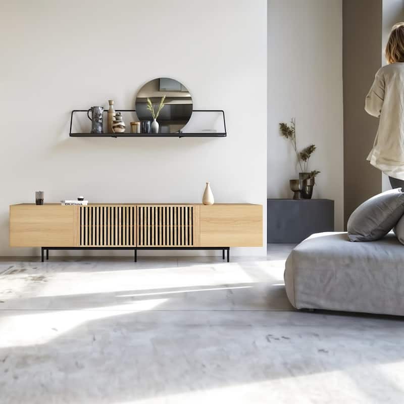 Stylish mid-century modern TV stand for up to 80" TVs. Ample storage for media devices, cable management. easy assembly.