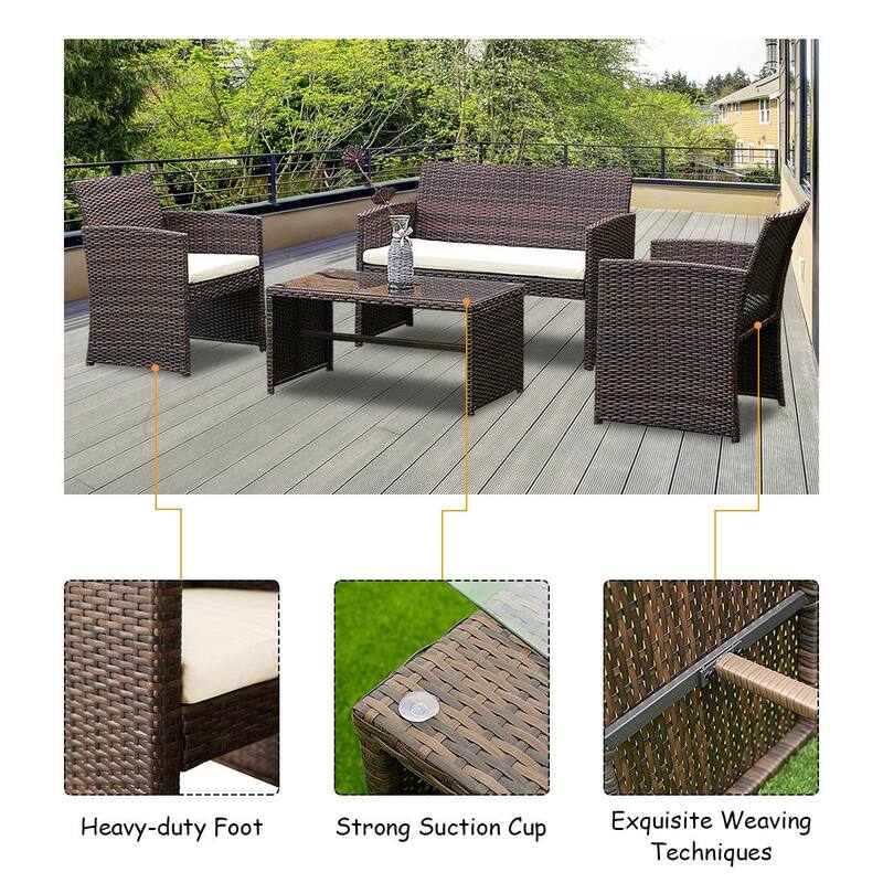 Complete 4-Piece Outdoor Patio Rattan Wicker Furniture Ensemble - 43.5" x 25.5" x 31.0" (L x W x H)