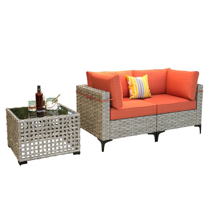 OVIOS 3 Pieces Outdoor Wicker Furniture Set With Solar-Powered Coffee Table
