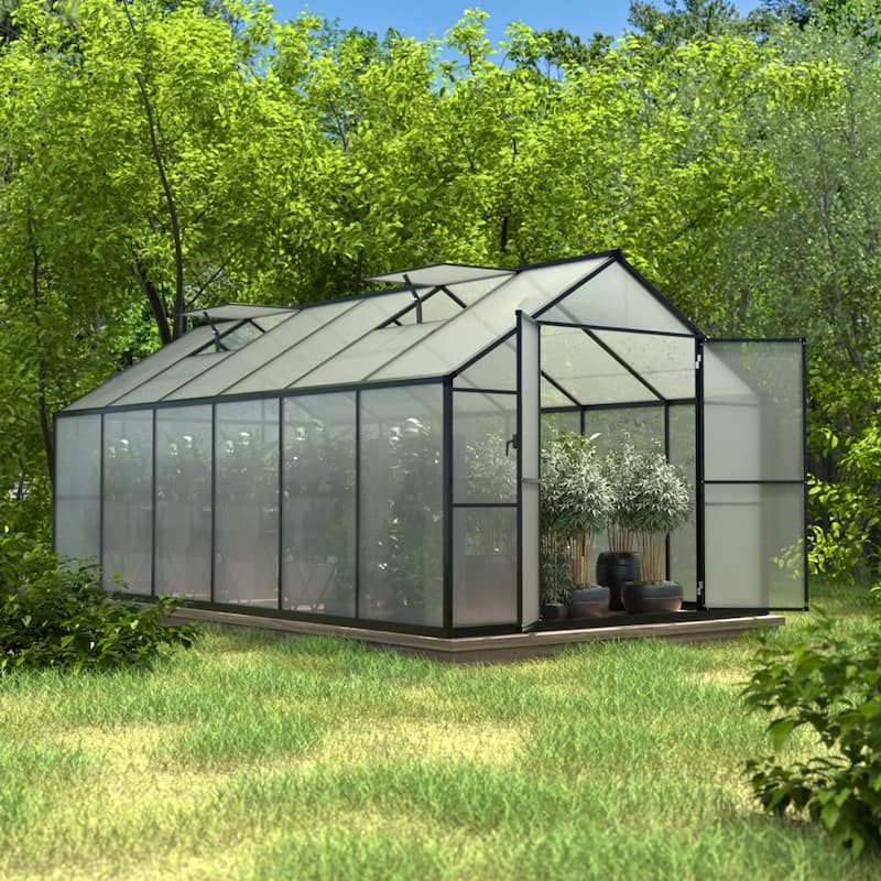 VEIKOUS Aluminum Walk-In Garden Greenhouse Kit with Adjustable Roof Vent and Lockable Door Grey - 8' × 12'