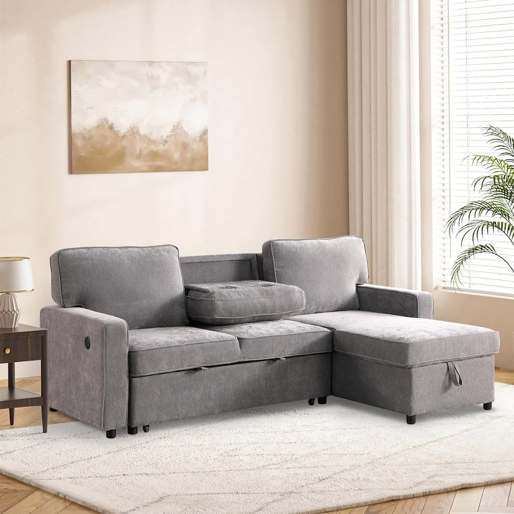Upholstered Sleeper Sectional Sofa with Storage, USB Ports and Cup Holders, Multi-Functional Modern Sectional Sofa