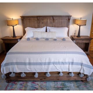 Handwoven Moroccan Blanket Throw with Pom Pom in Grey/Off-White