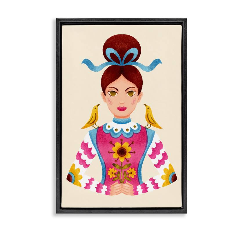 Stupell Brunette Girl with Birds Framed Floater Canvas Wall Art Design By Hannah Moren - 17 x 25 - Black