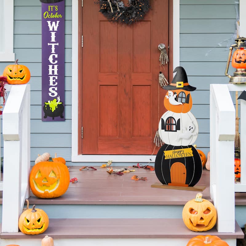Glitzhome 35"H Halloween Wooden Pumpkin Haunted House Porch Decor