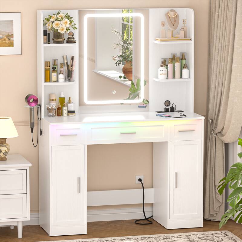 Modern Farmhouse Vanity Table with LED Mirror, Makeup Vanity Desk with Drawer, Cabinet, and Shelves