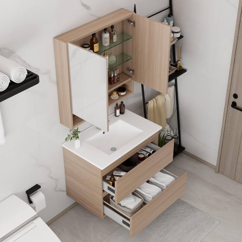 CB HOME 24''/30''/36''/48''/60'' Wall Mounted Bathroom Vanity with Sink, OAK Floating Bathroom Vanity Cabinet with Sink,Drawers.
