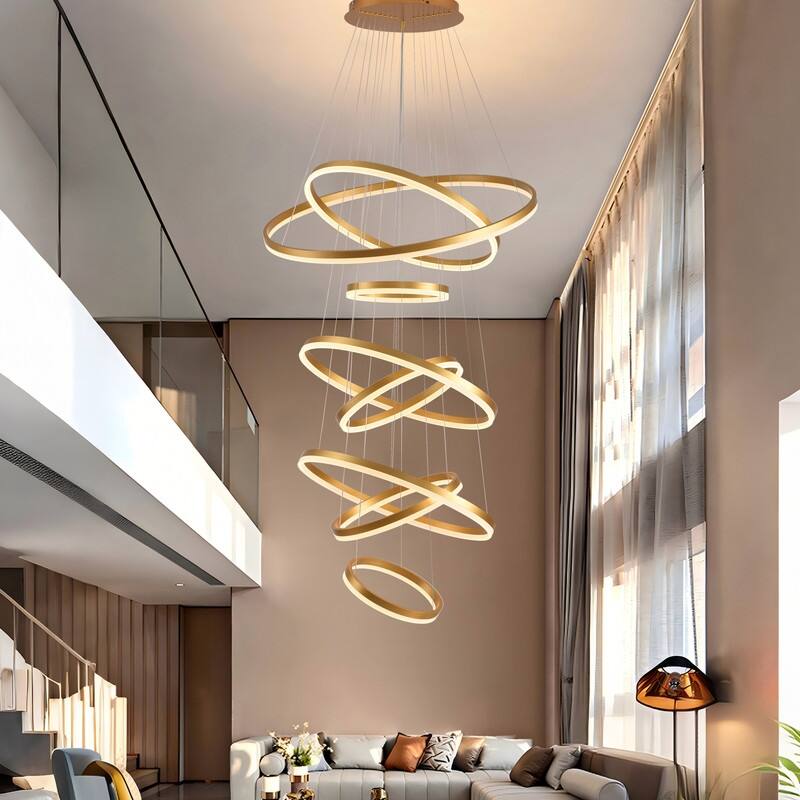 Modern Ring LED Chandelier Ring Adjustable Ceiling Light with Remote Control for High Ceilings