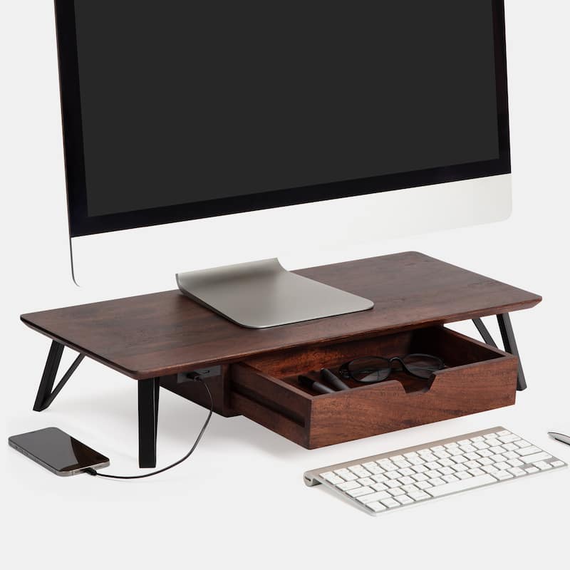 Jani Wood Monitor Stand Riser Desk - Ergonomic Design Stand, Desktop Organizer Table for Home, Office Workspace, Gaming Desk - Tan