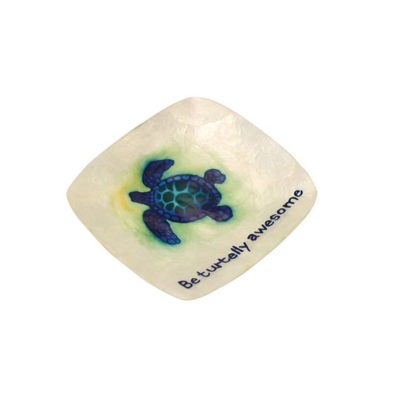 Beachcombers Be Turtelly Awesome Sea Turtle Capiz Shell Trinket Dish 5.25 Inches - Blue,White