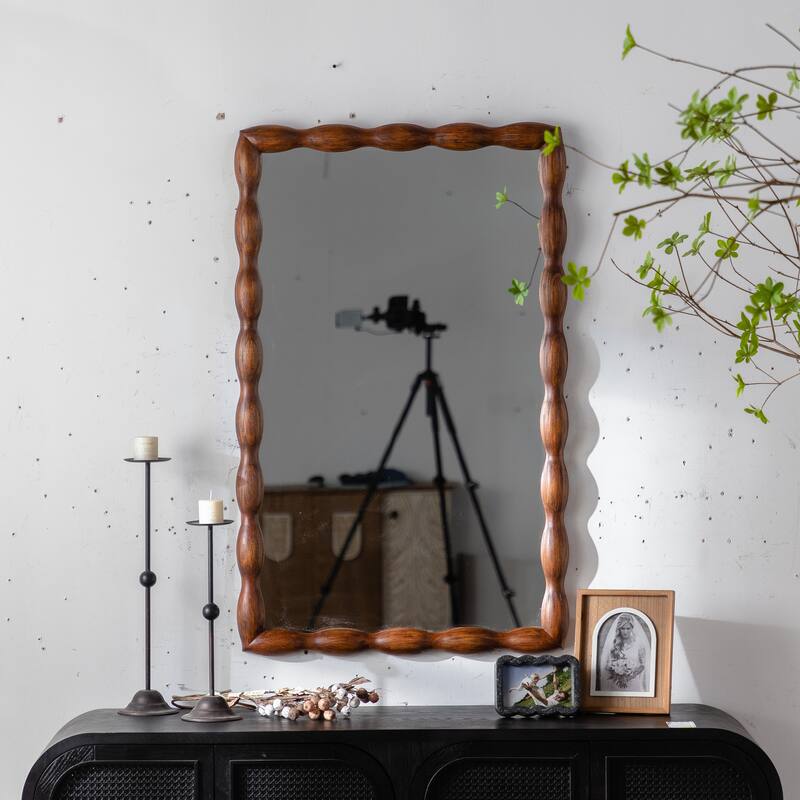Roomfitters Mid Century Modern Wall Mirror with Solid Wood Frame, High Definition Non-Distortion Accent Mirror, Natural Wood