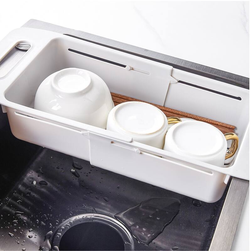 Javlergo Gray Collapsible Over the Sink Colander Adjustable Length PP Plastic Strainer Basket with Side Handles for Fruits