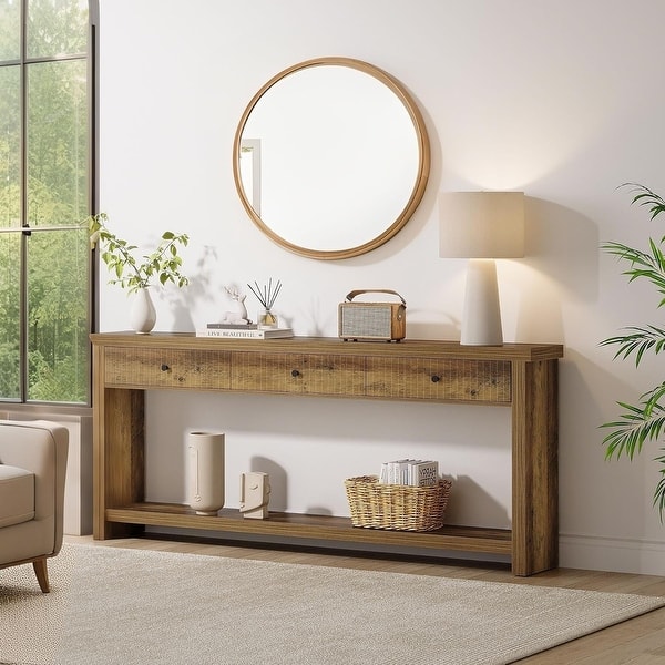 Extra Long Wood Console Table, Oak Sofa Entryway Table with 3 Drawers & Storage Shelves for Living Room, Hallway, Foyer - Brown