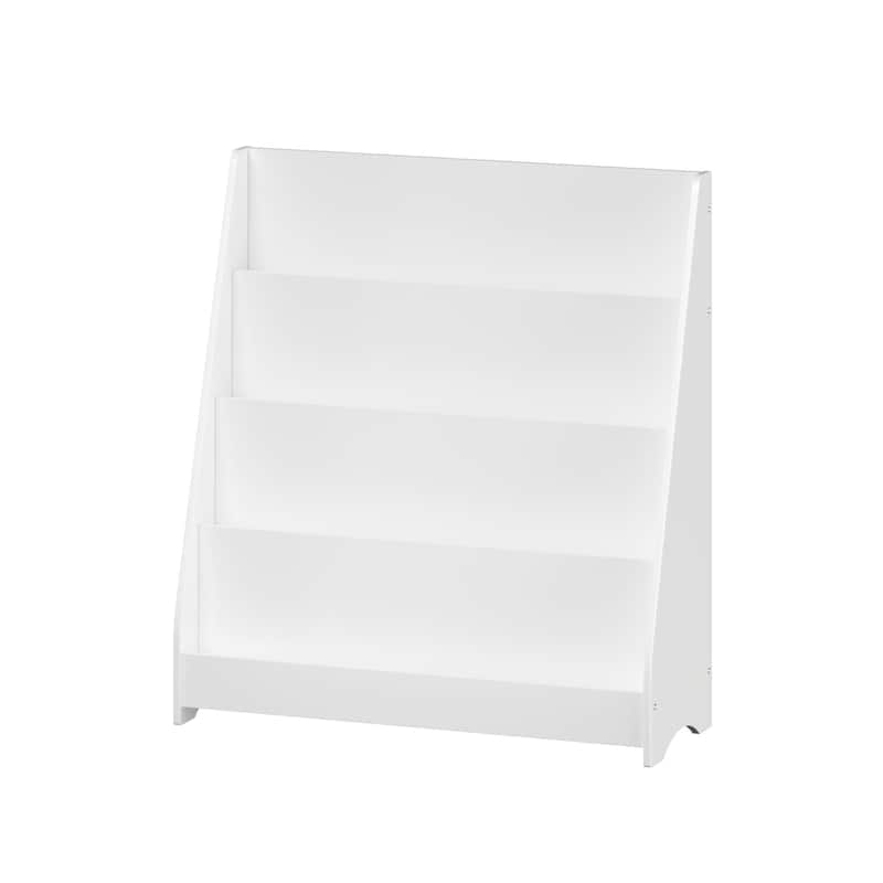 Anmytek 4-Tier Freestanding Kids Bookshelf with Slanted Front, White MDF Display Shelf for Bedroom Playroom Nursery Organization