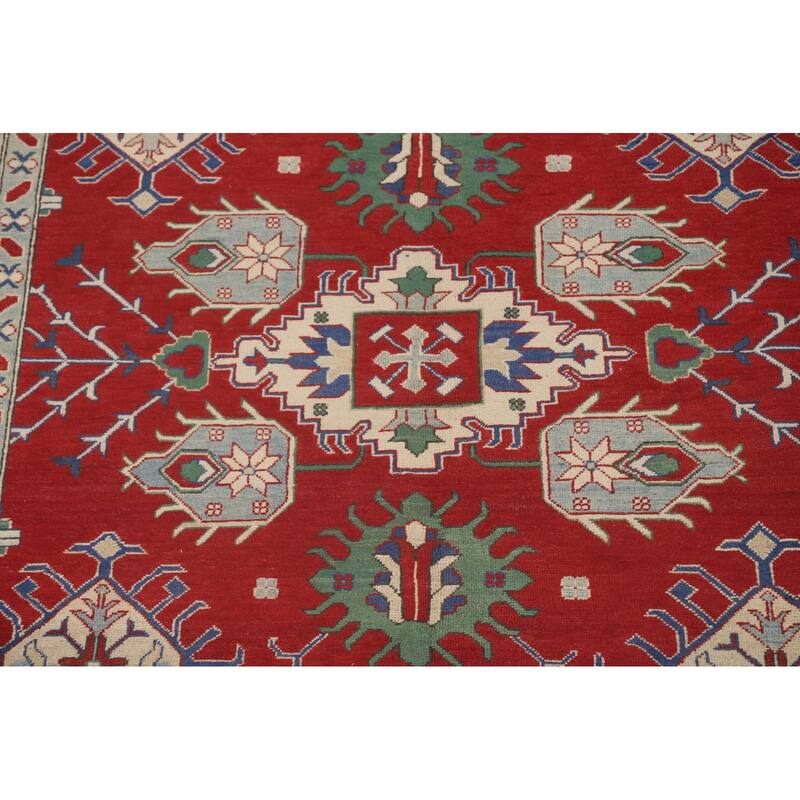 Red Geometric Kazak Area Rug Hand-Knotted Wool Carpet - 6'9" x 9'8"