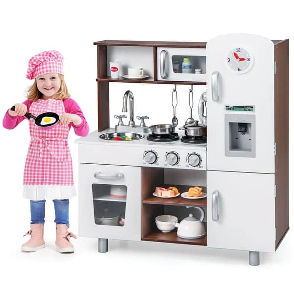 slide 2 of 10, Costway Kids Kitchen Playset Pretend Play Kitchen Toy with Realistic - See Details White & Brown - See Details