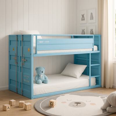 Twin Over Twin Bunk Bed with Metal Frame and Cargo Theme, Blue