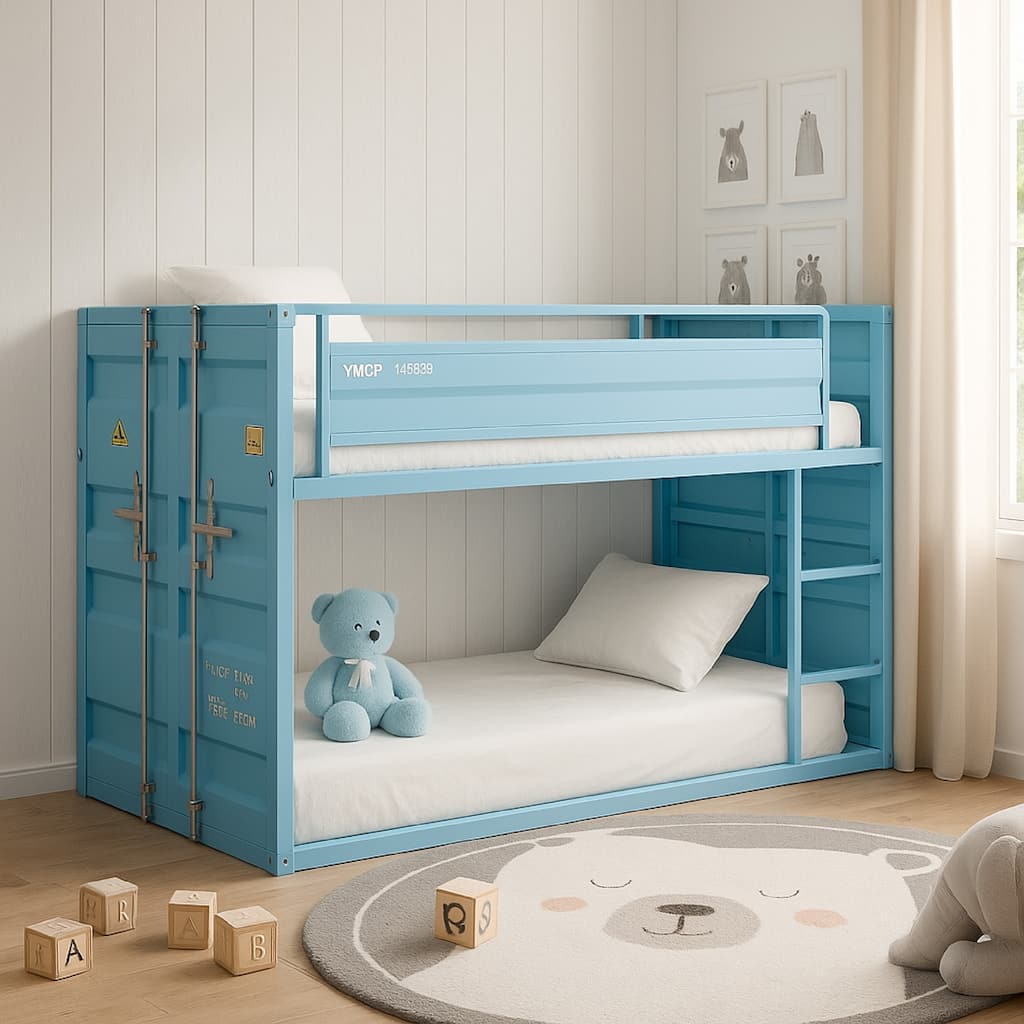 Twin Over Twin Bunk Bed with Metal Frame and Cargo Theme, Blue