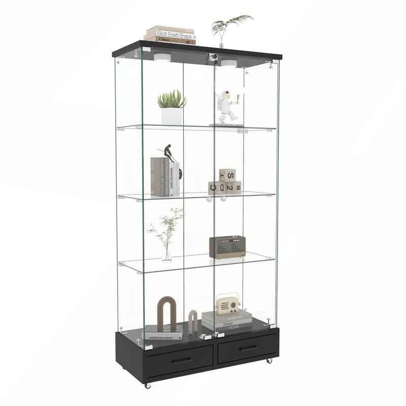 Modern Glass Display Cabinet with Large Drawer for Living Room and Bedroom