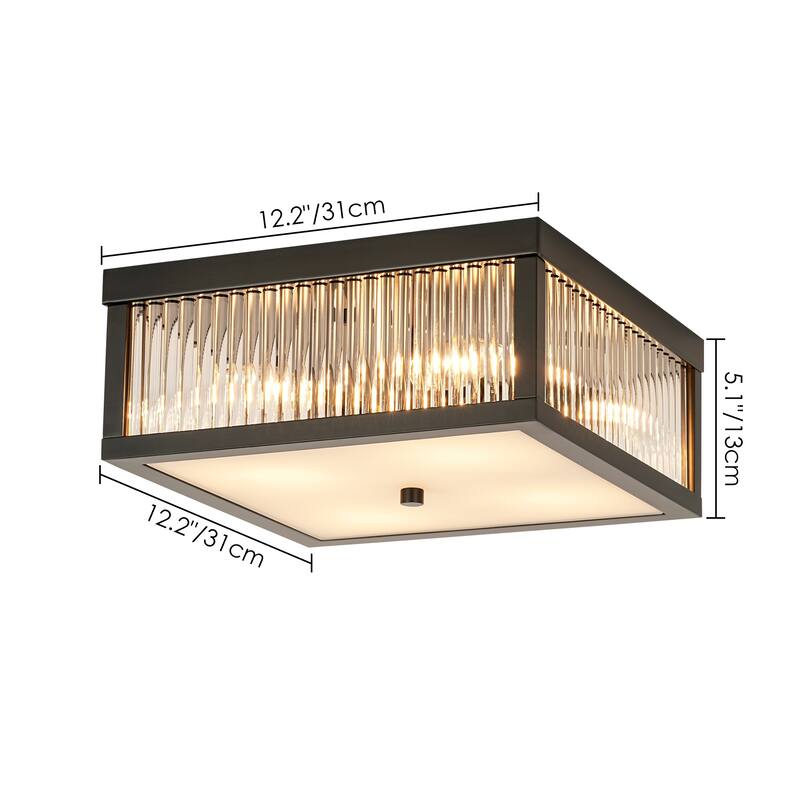 12.2 in. 4-Light Industrial Black/Gold Square Flush Mount Ceiling Light with Clear Glass Rods